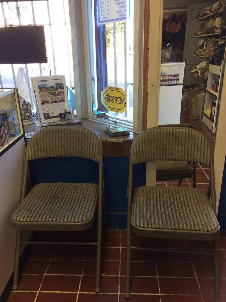 The seating area inside Robert's Shoe Repair